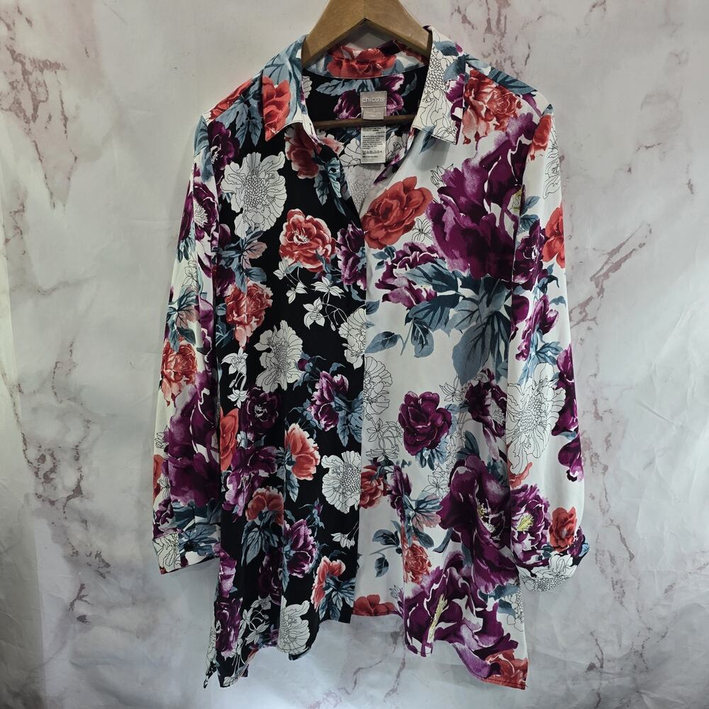 Chicos Shirt Womens Large 2 White Pink Blouse Button Up Tunic Rose Floral